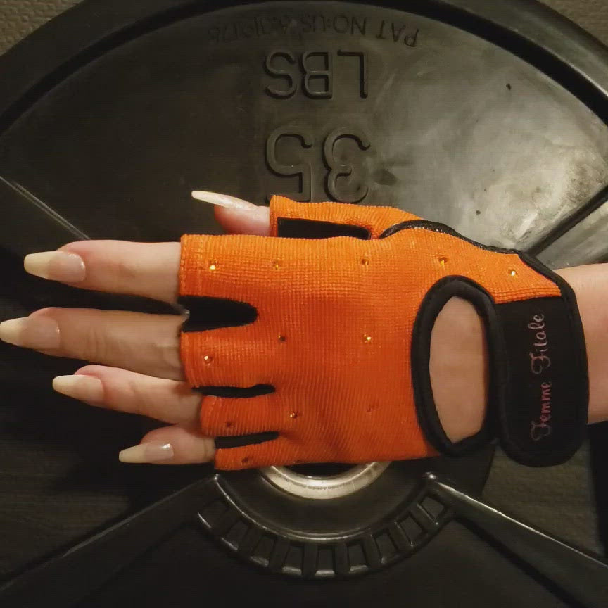 
                  
                    Load and play video in Gallery viewer, Orange Femme Fitale Fitness Swarovski Crystal Embellished Fitness Gloves
                  
                