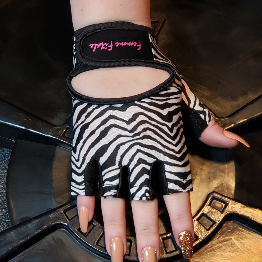 
                  
                    Load image into Gallery viewer, Zebra Print Femme Fitale Fitness Gloves - No Crystals
                  
                