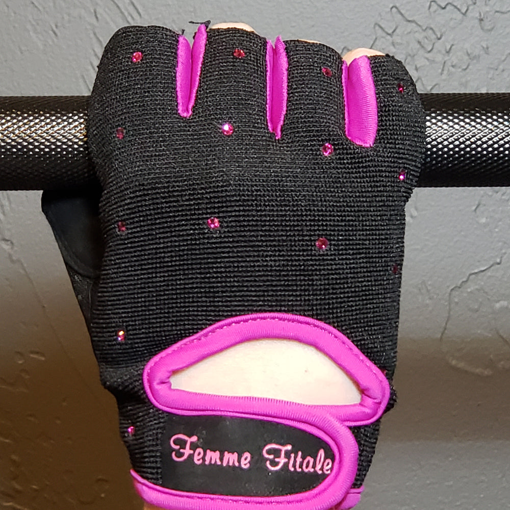 Black with Fuchsia Accents Femme Fitale Fitness Swarovski Crystal Embellished Fitness Gloves
