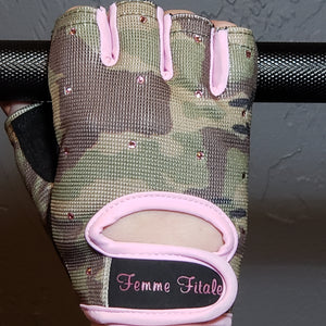 
                  
                    Load image into Gallery viewer, Camo and Pink Femme Fitale Fitness Swarovski Crystal Embellished Fitness Gloves
                  
                