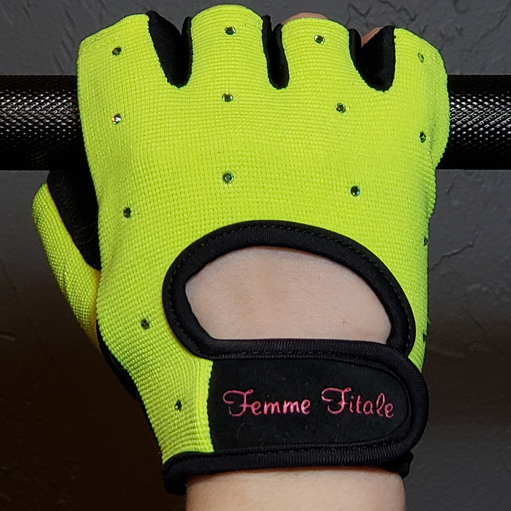 Fluorescent Green Femme Fitale Fitness Swarovski Crystal Embellished Fitness Gloves