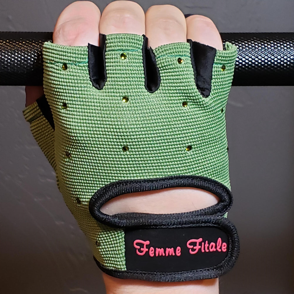 Olive Green Femme Fitale Fitness Swarovski Crystal Embellished Fitness Gloves **NEW COLOR**