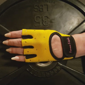 
                  
                    Load and play video in Gallery viewer, Yellow Femme Fitale Fitness Swarovski Crystal Embellished Fitness Gloves
                  
                