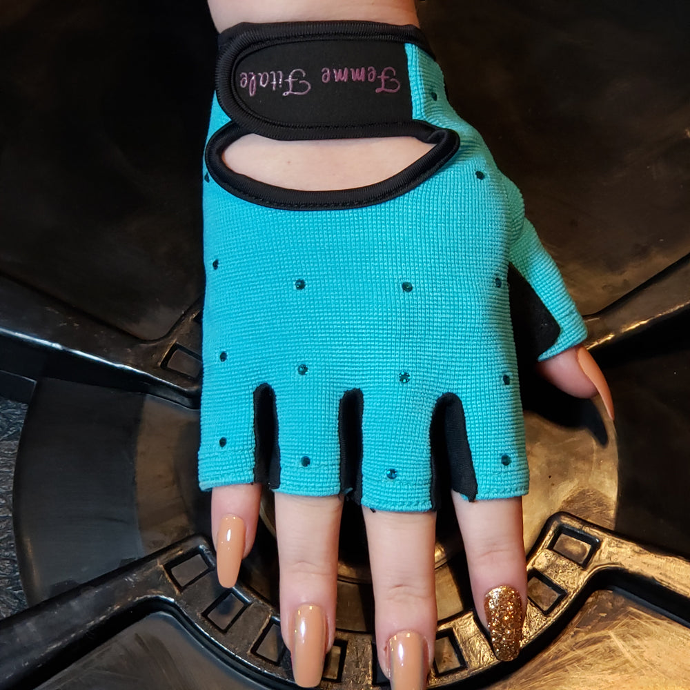 
                  
                    Load image into Gallery viewer, Turquoise Blue Femme Fitale Fitness Swarovski Crystal Embellished Fitness Gloves
                  
                