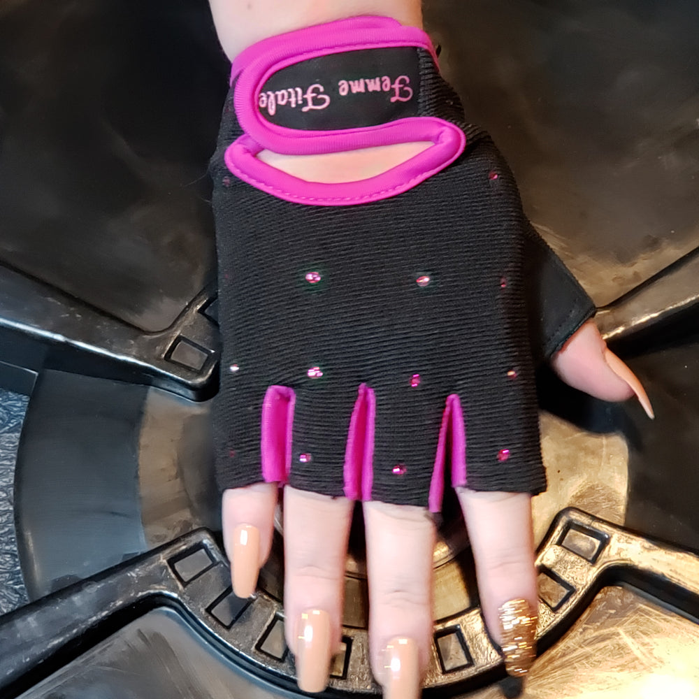 
                  
                    Load image into Gallery viewer, Black with Fuchsia Accents Femme Fitale Fitness Swarovski Crystal Embellished Fitness Gloves
                  
                