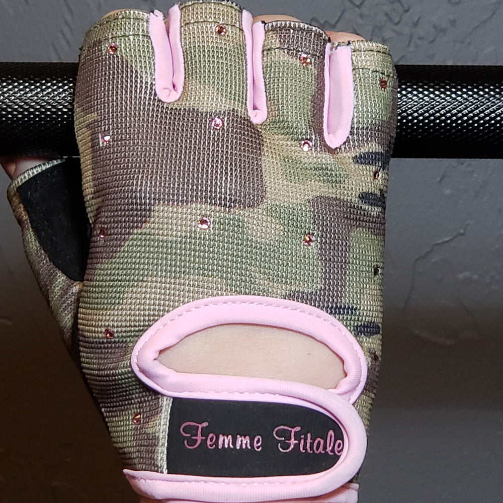 Camo and Pink Femme Fitale Fitness Swarovski Crystal Embellished Fitness Gloves