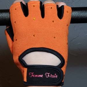 
                  
                    Load image into Gallery viewer, Orange Femme Fitale Fitness Swarovski Crystal Embellished Fitness Gloves
                  
                