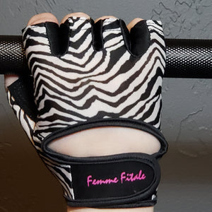 
                  
                    Load image into Gallery viewer, Zebra Print Femme Fitale Fitness Gloves - No Crystals
                  
                