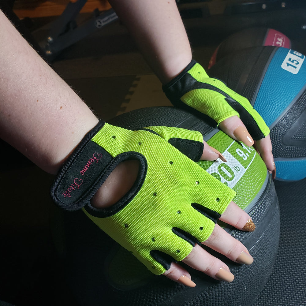 
                  
                    Load image into Gallery viewer, Fluorescent Green Femme Fitale Fitness Swarovski Crystal Embellished Fitness Gloves
                  
                