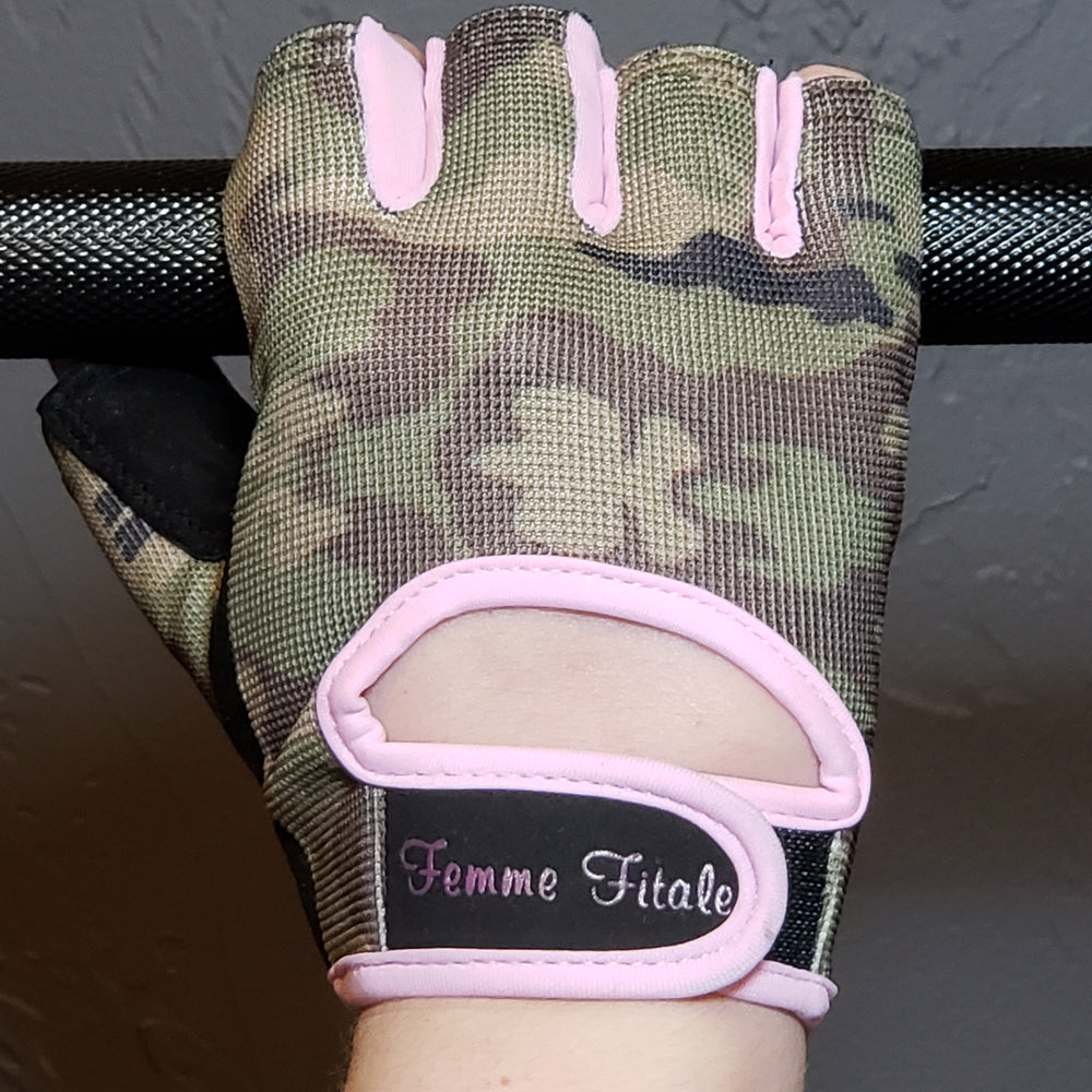 Camo Femme Fitale Fitness Gloves With Light Pink Accents - No Crystals
