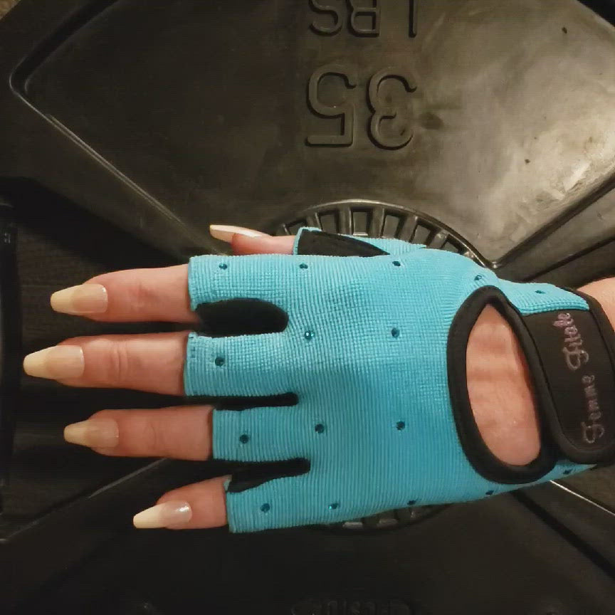 
                  
                    Load and play video in Gallery viewer, Turquoise Blue Femme Fitale Fitness Swarovski Crystal Embellished Fitness Gloves
                  
                