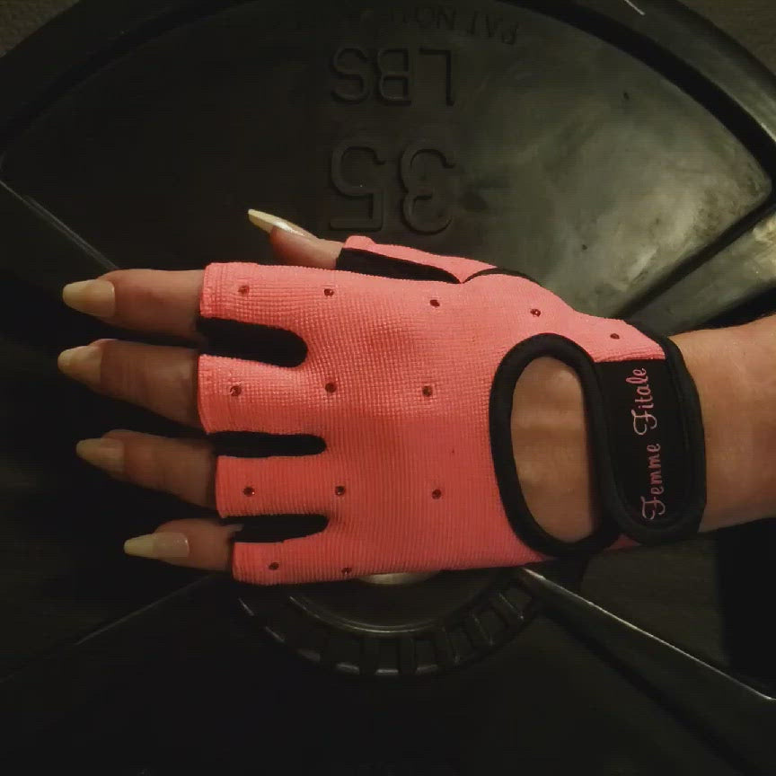 
                  
                    Load and play video in Gallery viewer, Coral Femme Fitale Fitness Swarovski Crystal Embellished Fitness Gloves
                  
                