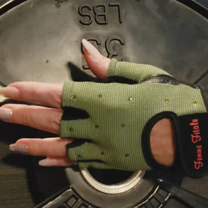 
                  
                    Load and play video in Gallery viewer, Olive Green Femme Fitale Fitness Swarovski Crystal Embellished Fitness Gloves **NEW COLOR**
                  
                