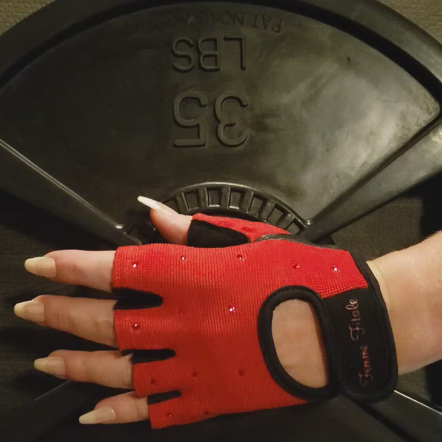 
                  
                    Load and play video in Gallery viewer, Red Femme Fitale Fitness Swarovski Crystal Embellished Fitness Gloves
                  
                