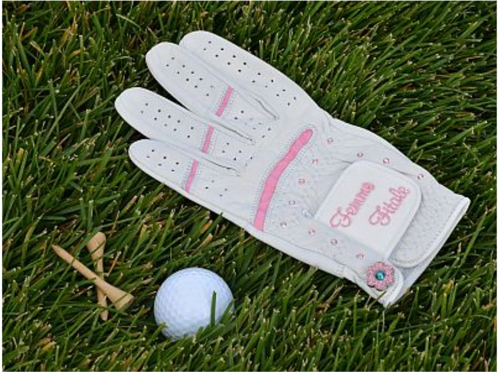 Light Pink Femme Fitale Fitness Swarovski Crystal Embellished Left Hand Golf Glove with Bonjoc Ballmarker