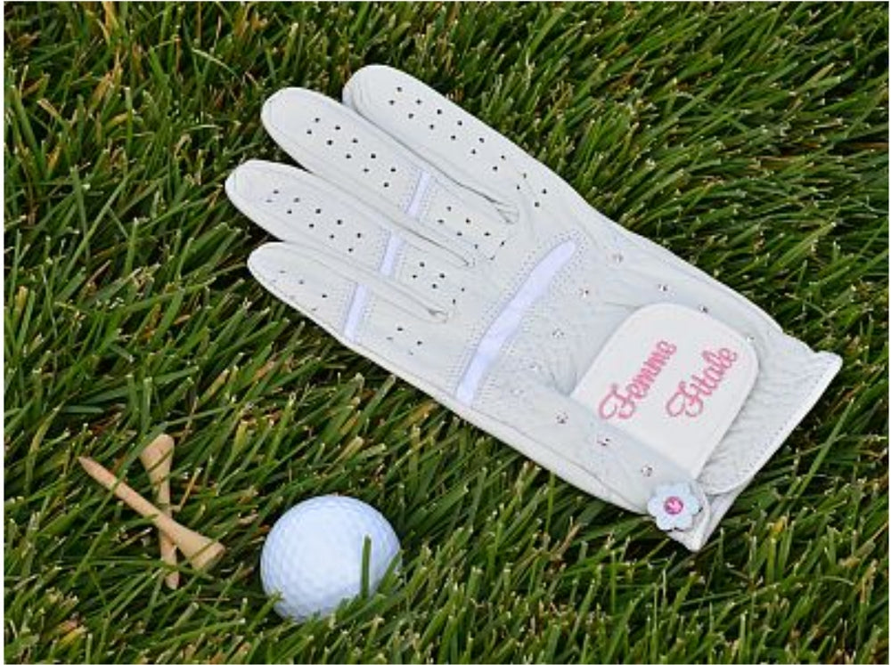 White Femme Fitale Fitness Swarovski Crystal Embellished Left Hand Golf Glove with Bonjoc Ballmarker.