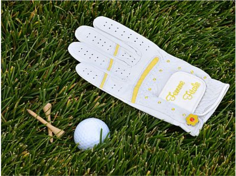 Yellow Femme Fitale Fitness Swarovski Crystal Embellished Left Hand Golf Glove With Bonjoc Ballmarker
