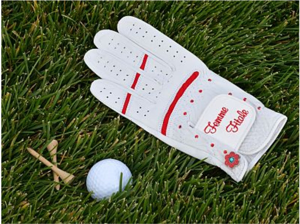 Red Femme Fitale Fitness Swarovski Crystal Embellished Left Hand Golf Glove with Bonjoc Ballmarker